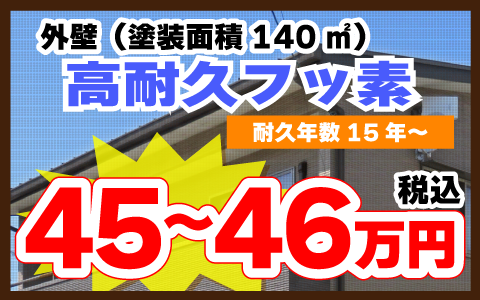 外壁（塗装面積140㎡）：高耐久フッ素 耐久年数15年～ 45～46万円