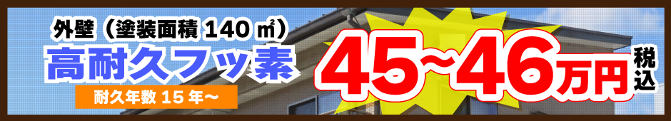 外壁（塗装面積140㎡）：高耐久フッ素 耐久年数15年～ 45～46万円